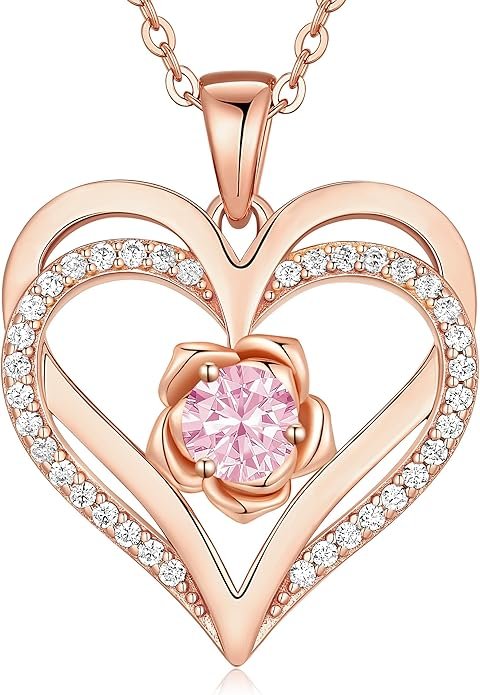 Homepage 24 CDE S925 Silver Rose Gold Heart Birthstone Necklaces for Women,Ideal Anniversary or Birthday Jewelry Gifts for Wife Girlfriend Her
